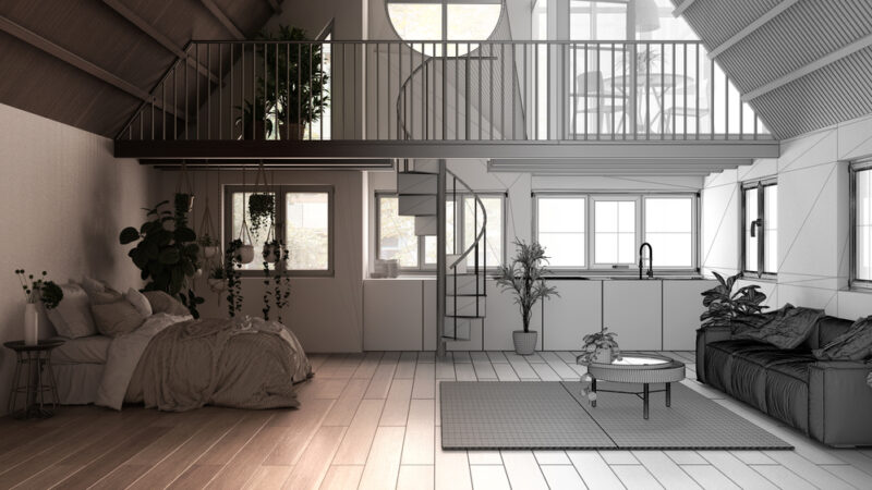 Architect interior designer concept: unfinished project that becomes real, loft with mezzanine, staircase. Studio apartment, bedroom, living room, kitchen, white interior design