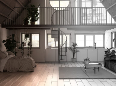 Architect interior designer concept: unfinished project that becomes real, loft with mezzanine, staircase. Studio apartment, bedroom, living room, kitchen, white interior design