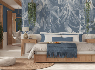 Farmhouse wooden bedroom in boho style in white and blue tones. Double bed, hanging chair and potted plants. Window with shutters and wallpaper. Country vintage interior design
